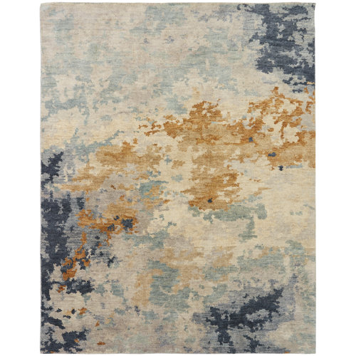 17 Stories Chadlee Abstract HandKnotted Wool Blue Area Rug Wayfair